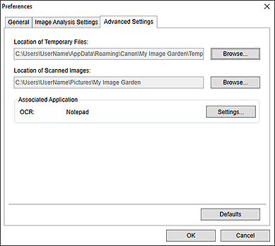 figure: Advanced Settings tab of the Preferences dialog box