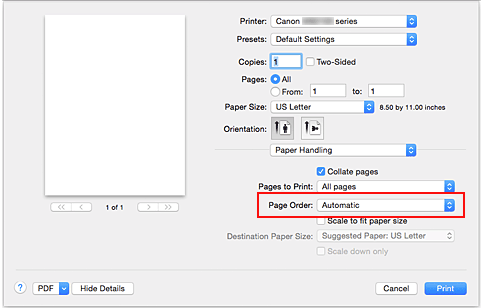 figure:Select Automatic from Page order of Paper Handling in the Print dialog