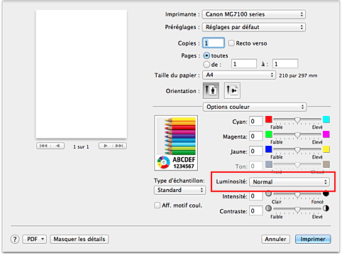 figure : Luminosité des options de couleur dans la boîte de dialogue Imprimer