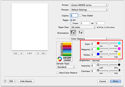 figure:Color balance of Color Options in the Print dialog