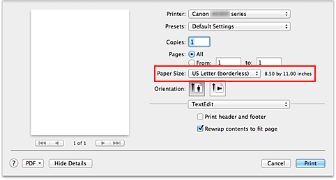 figure:Select XXX (borderless) from Paper Size in the Print dialog