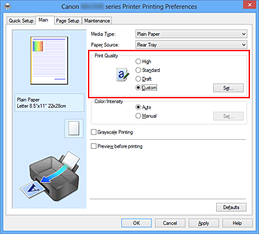 figure:Select on the Main tab, select Custom for Print Quality