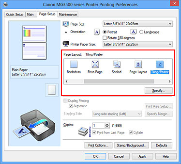 figure:Select Tiling/Poster for Page Layout on the Page Setup tab