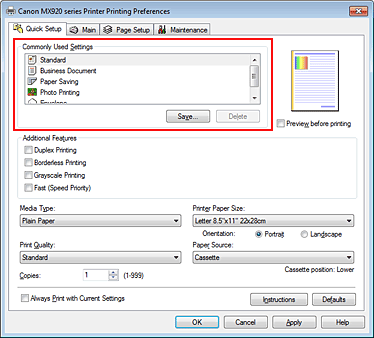 figure:Commonly Used Settings on the Quick Setup tab