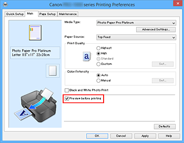 figure:Preview before printing check box on the Main tab