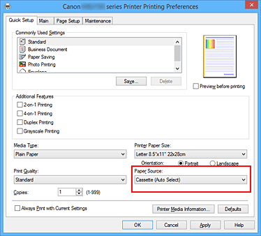 figure:Paper Source on the Quick Setup tab