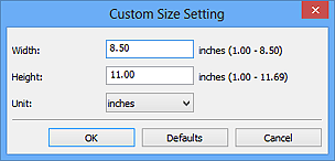 figure: Custom Size Setting dialog box
