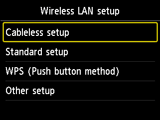 Wireless LAN setup screen: Select Cableless setup