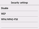 Security settings screen