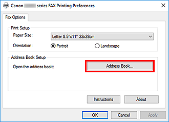 figure: Canon XXX series FAX Printing Preferences dialog box