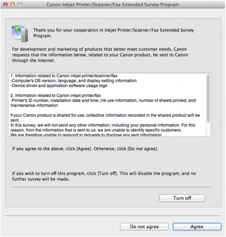 Abbildung: Der "Bildschirm Extended Survey Program" zu Inkjet-Druckern/Scannern/Faxgeräten wird unter Macintosh angezeigt