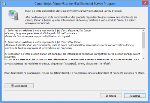 figure : Écran du programme Inkjet Printer/Scanner/Fax Extended Survey Program sous Windows