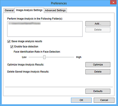figure: Image Analysis Settings tab of the Preferences dialog box
