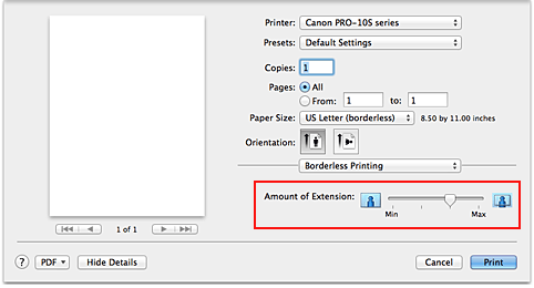 figure:Amount of Extension of Borderless Printing in the Print dialog