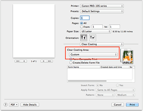 figure:Clear Coating Area of Clear Coating in the Print dialog