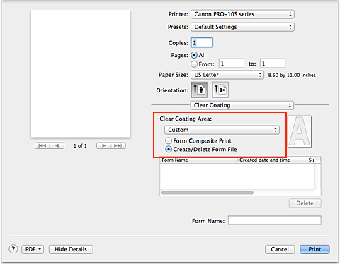 figure:Select Custom for Clear Coating Area on the Clear Coating in the Print dialog
