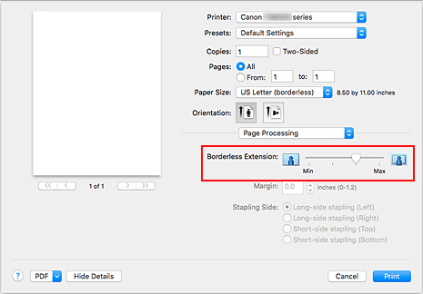 figure:Amount of Extension of Page Processing in the Print dialog