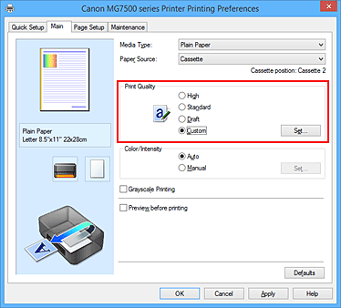 figure:Select on the Main tab, select Custom for Print Quality