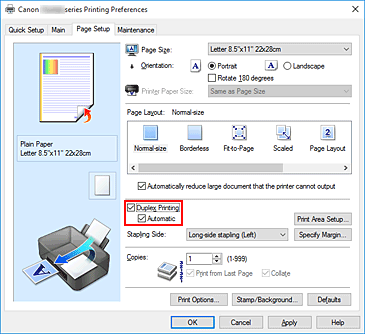 figure:Duplex Printing check box on the Page Setup tab