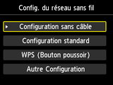 Écran Config. du réseau sans fil : sélectionnez Configuration sans câble