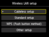 Wireless LAN setup screen: Select Cableless setup
