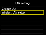 LAN settings screen: Select Wireless LAN setup