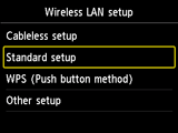 Wireless LAN setup screen: Select Standard setup