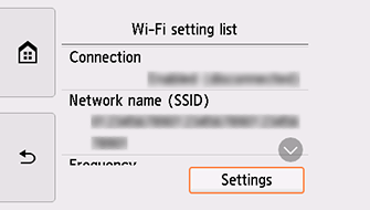 Wi-Fi setting list screen: Select Settings