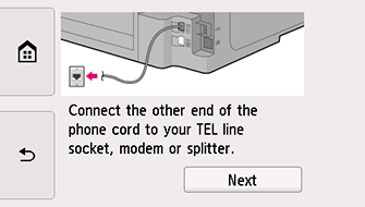 Bildschirm Einfache Einrichtung: Anderes Ende des Telefonkabels mit Telefonsteckdose, Modem oder Splitter verbinden.