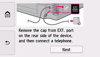 Bildschirm Einfache Einrichtung: Kappe von EXT-Anschluss an der hint. Seite des Geräts entfernen und dann Telefon anschließen.