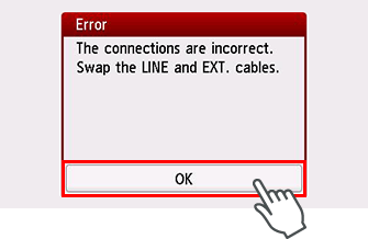 Fehlerbildschirm: Die Verbindungen sind nicht korrekt. Tauschen Sie die LINE- und EXT.-Kabel.