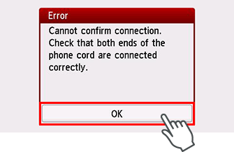 Fehlerbildschirm: Verbindung kann nicht bestätigt werden. Prüfen Sie, ob beide Enden des Telefonkabels korrekt verbunden sind.